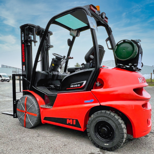 AutoSock traction device mounted on front wheels of a forklift