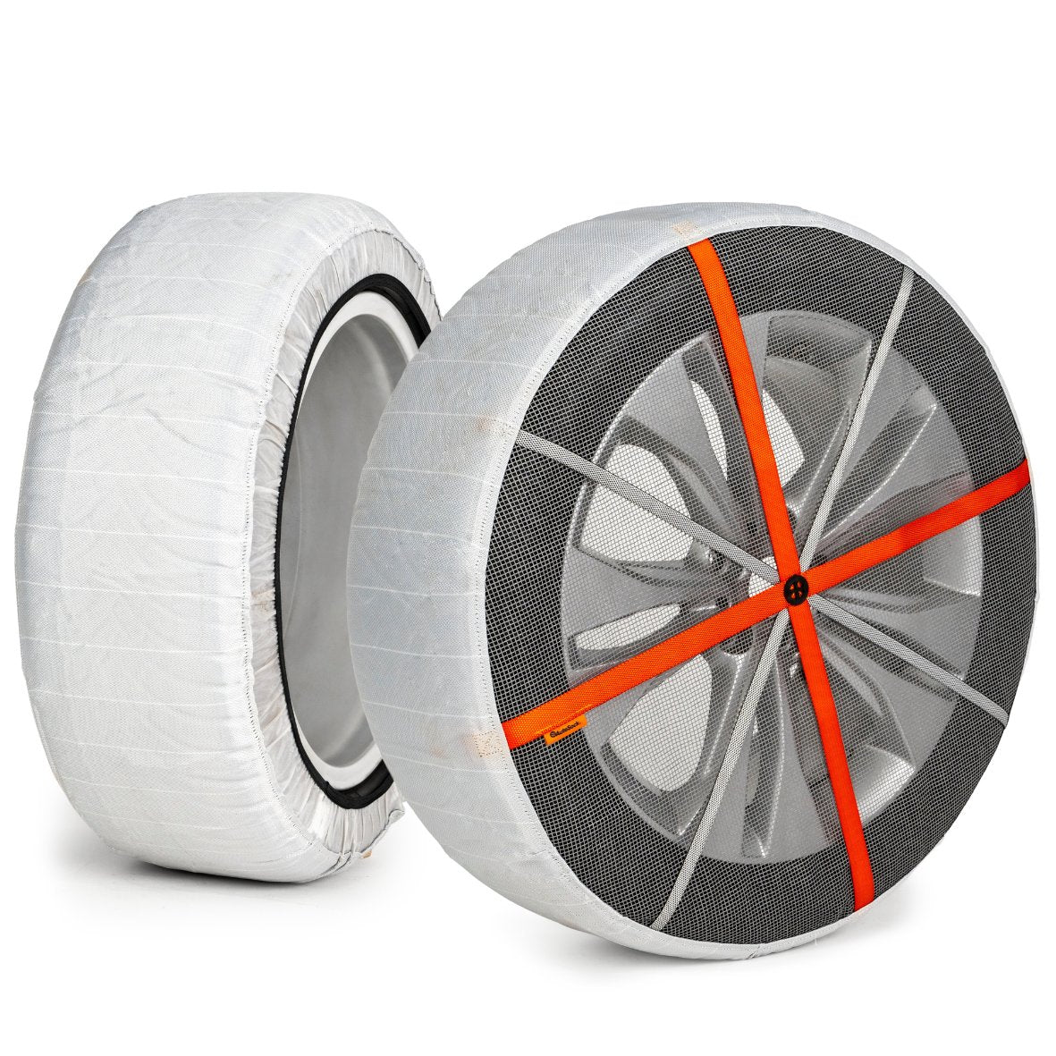 Pair of AutoSock snow socks installed on two wheels in front of white background showing product frontside and backside HP699 HP 699