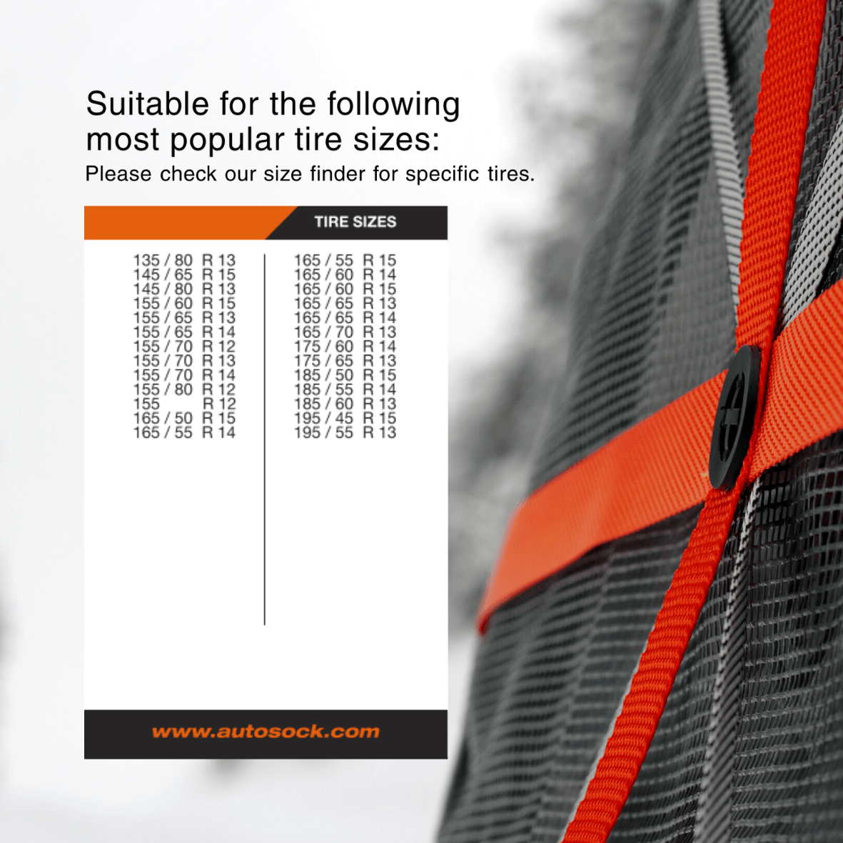 Simple size chart for AutoSock HP540 HP 540 showing suitable most popular tire sizes
