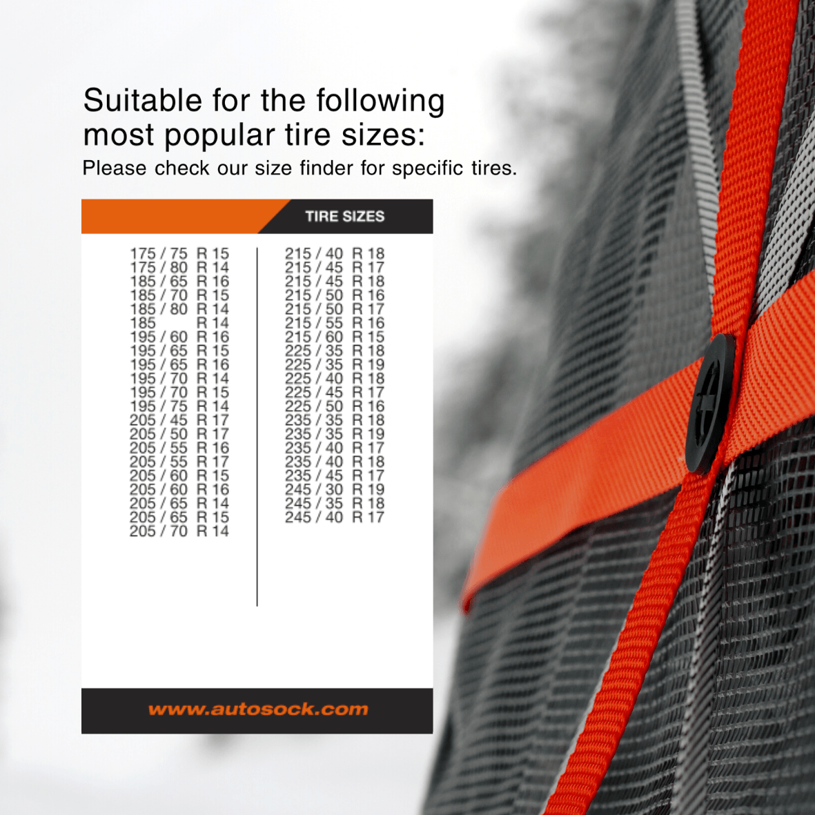 Simple size chart for AutoSock HP645 HP 645 showing suitable most popular tire sizes