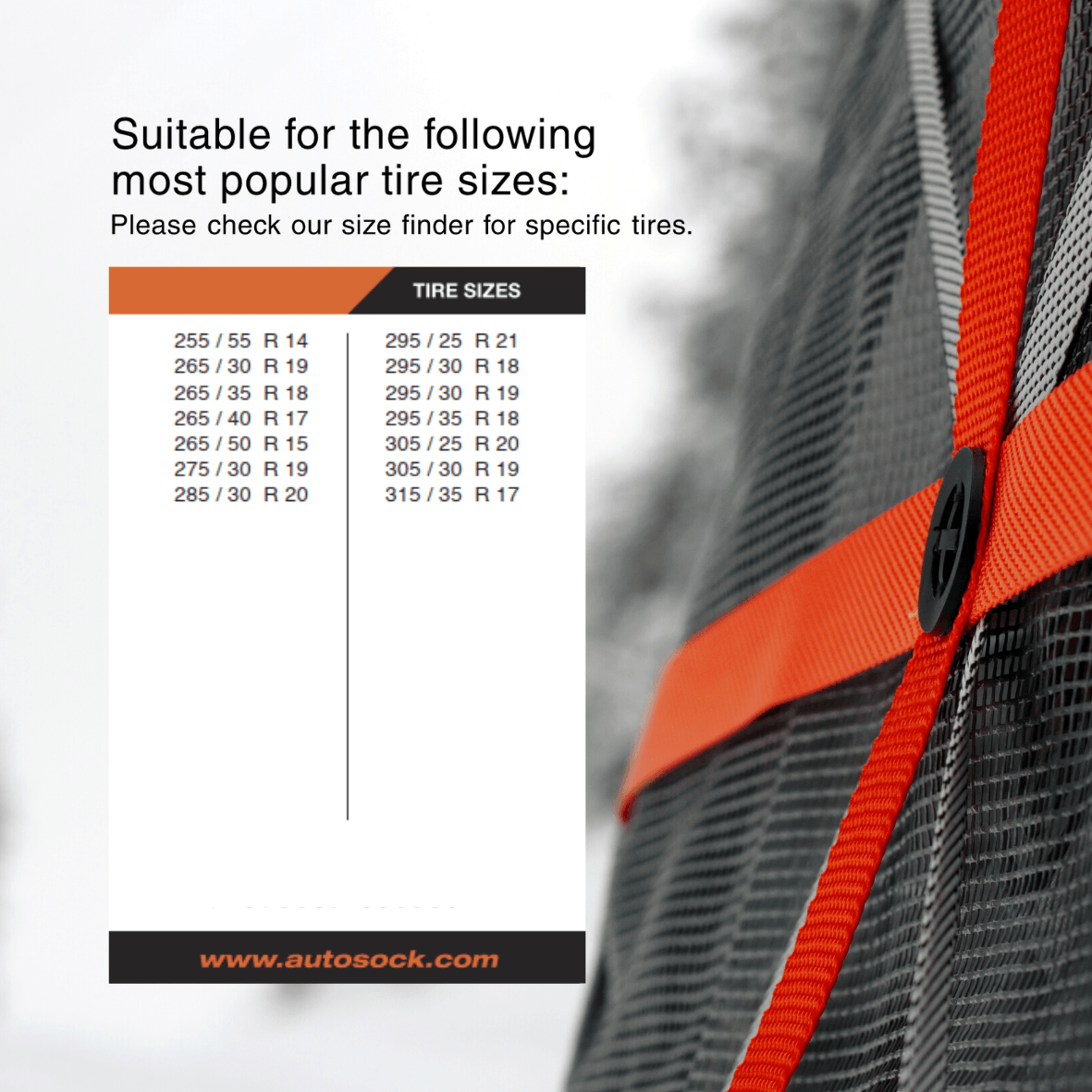 Simple size chart for AutoSock HP830 HP 830 showing suitable most popular tire sizes