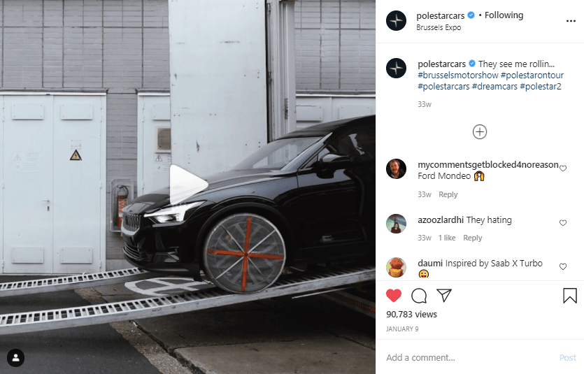 Official picture from Instagram of Polestar featuring AutoSock mounted on Polestar Model 2