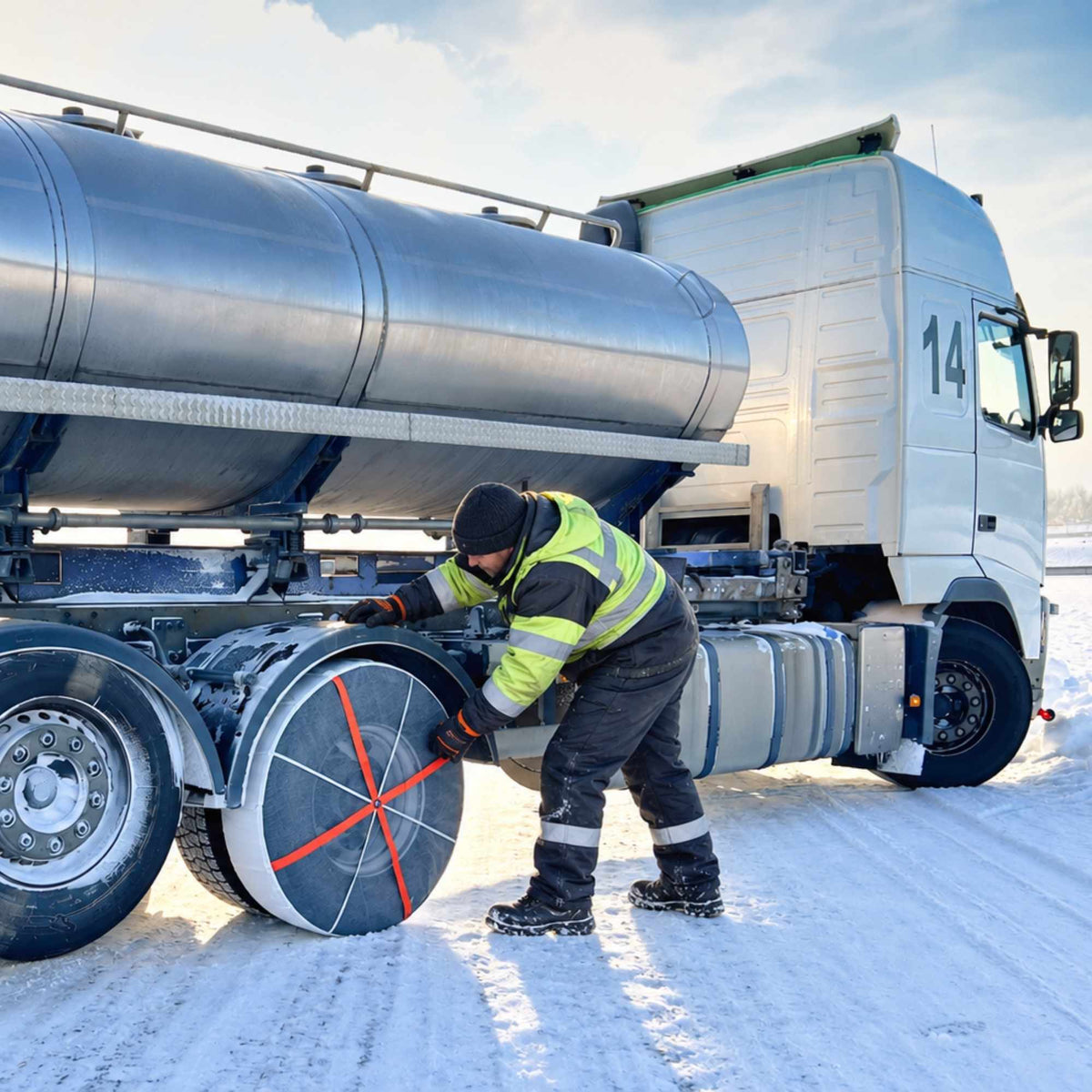 A worker in high-visibility winter clothing stands beside a large silver tanker truck on a snowy road mounting snow sock on rear wheel.