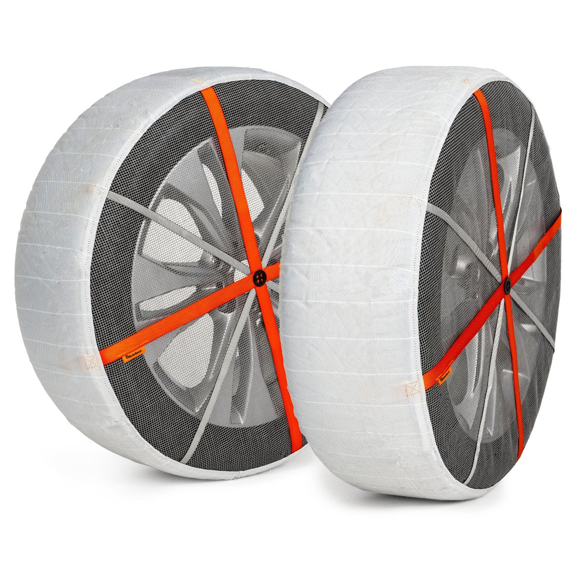 Pair of AutoSock textile snow chains installed on two wheels in front of white background showing product frontside AL114 AL 114