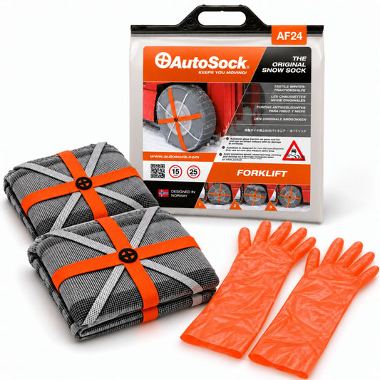 AutoSock model AF24 for forklifts includes two snow socks, a pair of gloves and the product packaging