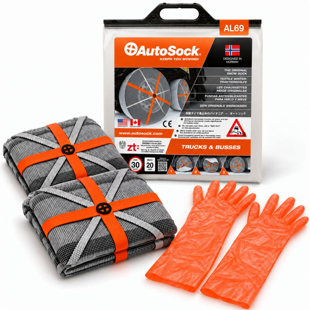 AutoSock model AL69 for trucks and buses includes two snow socks, a pair of gloves and the product packaging