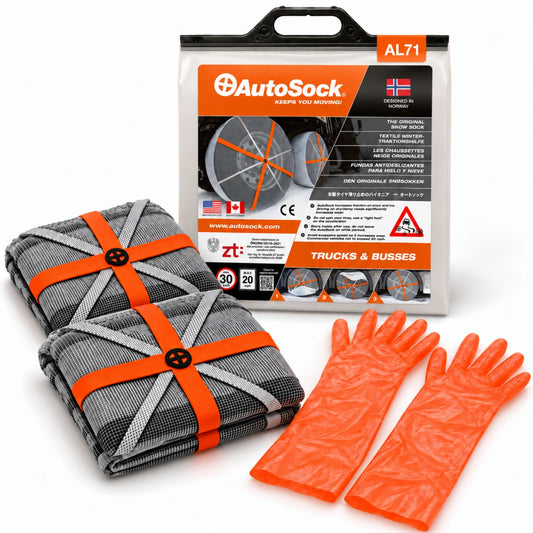 AutoSock model AL71 for trucks and buses includes two snow socks, a pair of gloves and the product packaging