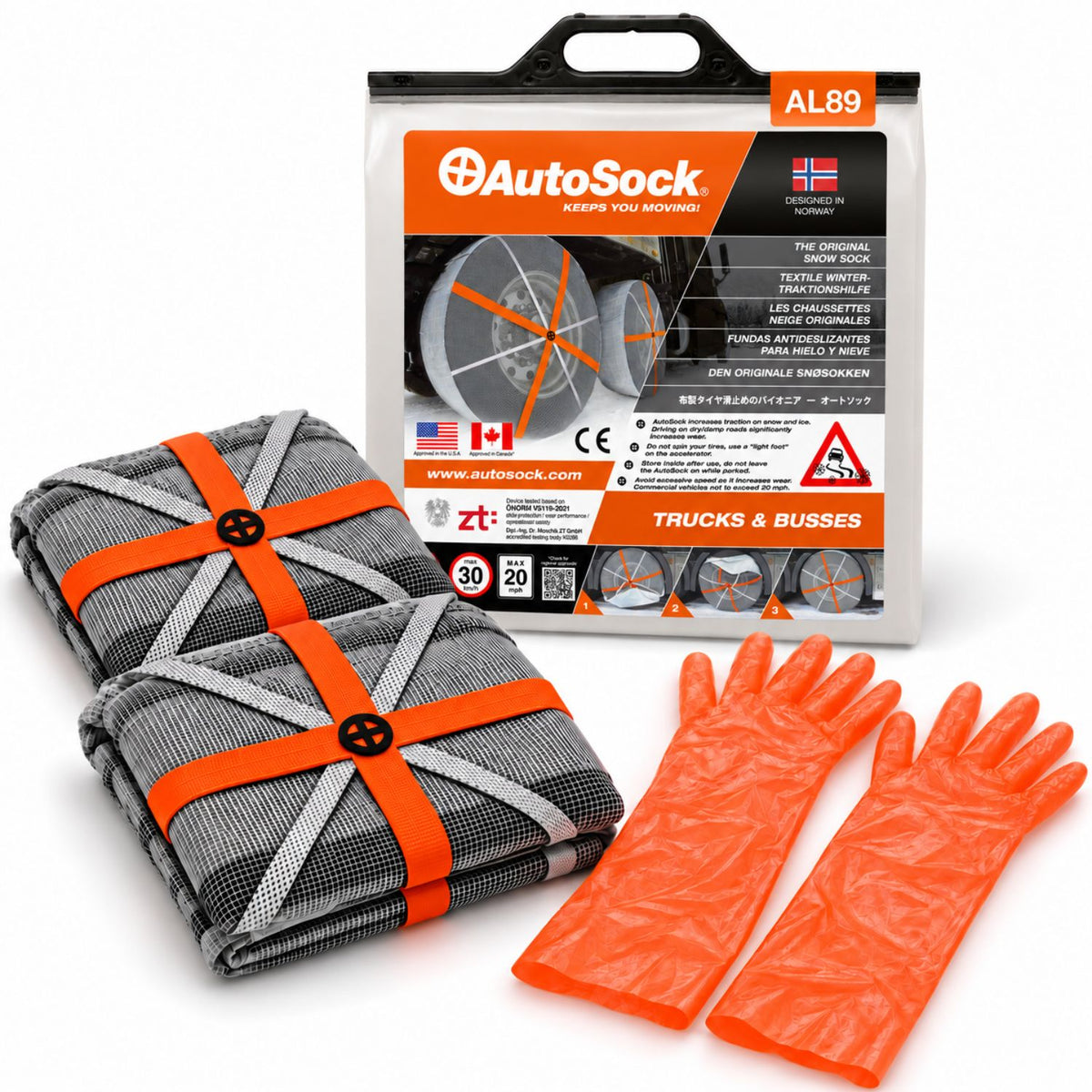 AutoSock model AL89 for trucks and buses includes two snow socks, a pair of gloves and the product packaging
