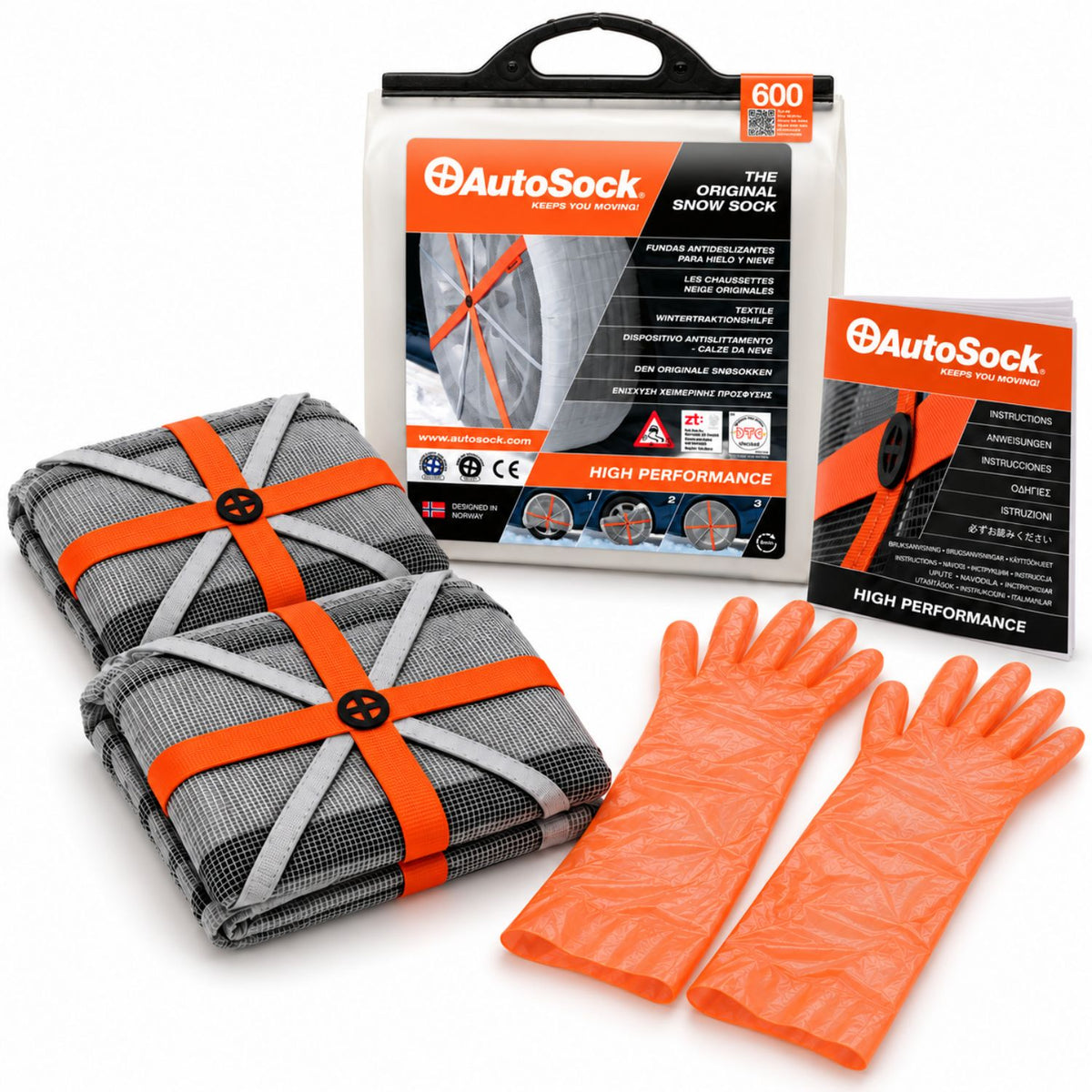 AutoSock model HP600 includes two snow socks, a pair of gloves, an instruction manual and the product packaging