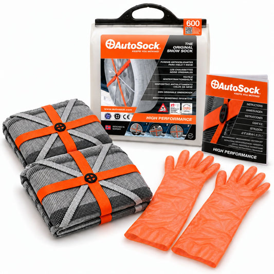 AutoSock model HP600 includes two snow socks, a pair of gloves, an instruction manual and the product packaging