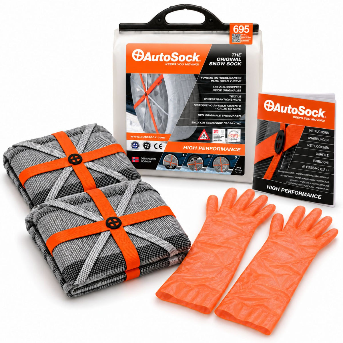 AutoSock model HP695 includes two snow socks, a pair of gloves, an instruction manual and the product packaging