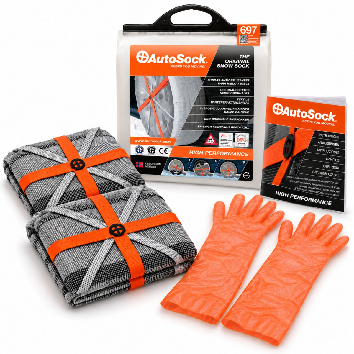AutoSock model HP697 includes two snow socks, a pair of gloves, an instruction manual and the product packaging