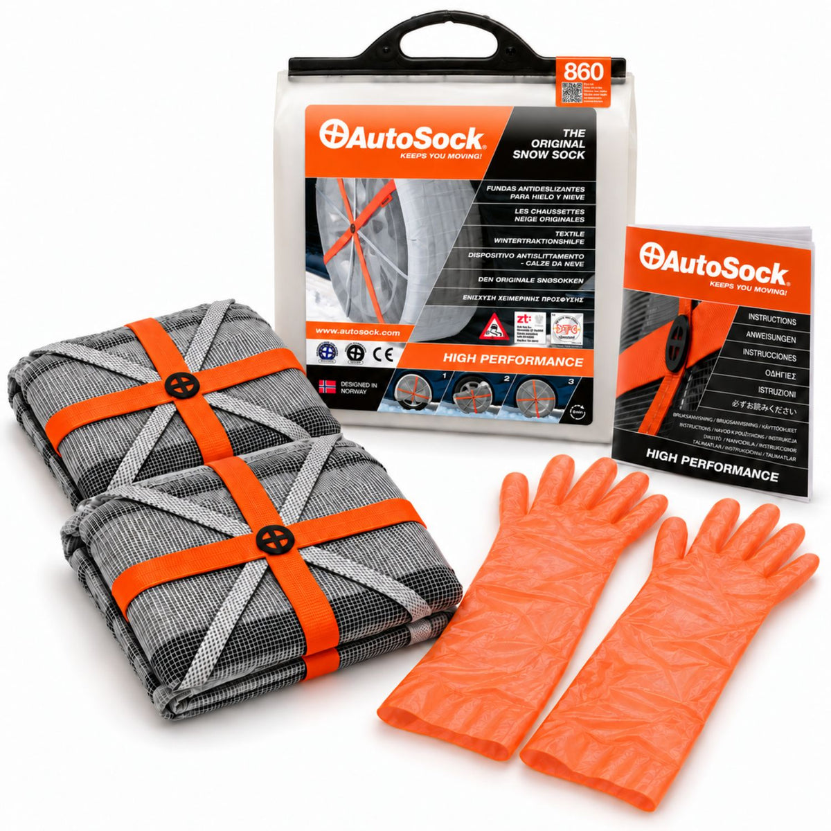 AutoSock model HP860 includes two snow socks, a pair of gloves, an instruction manual and the product packaging