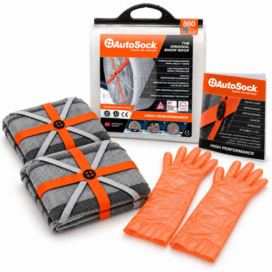 AutoSock model HP860 includes two snow socks, a pair of gloves, an instruction manual and the product packaging