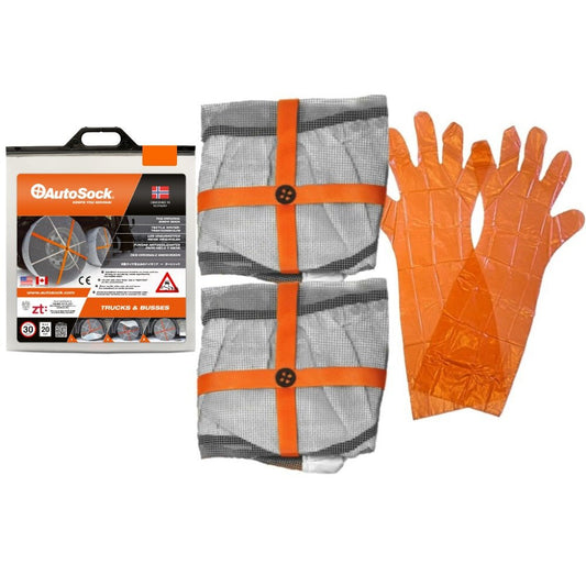 Product packaging content for AutoSock for truck products contains two AutoSock and a pair of gloves