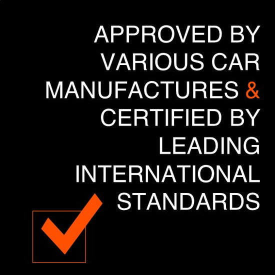 Graphic showing advantage of AutoSock: Approved by car manufacturers and certified by international standards