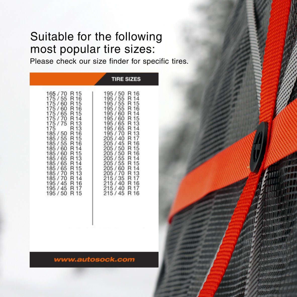 Simple size chart for AutoSock HP600 HP 600 showing suitable most popular tire sizes