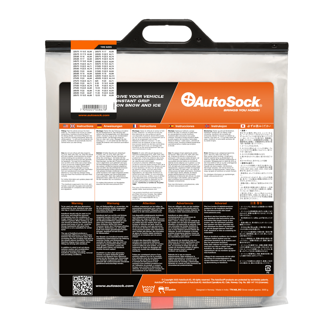 Back side of product packaging for AutoSock for trucks AL67 AL 67