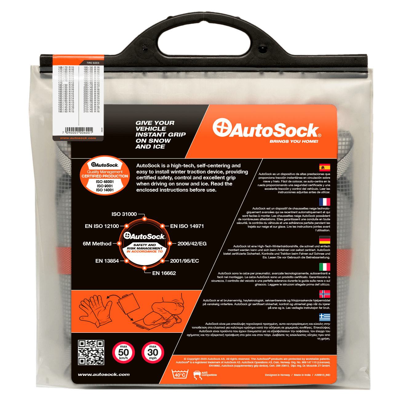 Back side of product packaging for AutoSock HP 600 HP600