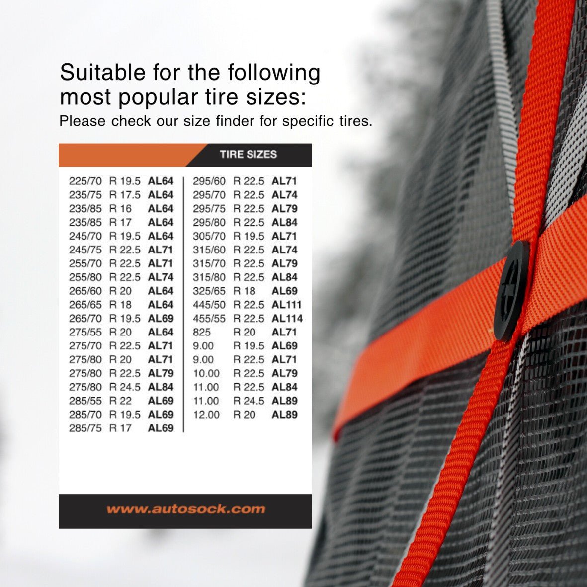 Simple size chart for AutoSock AL111 AL 111 showing suitable most popular tire sizes